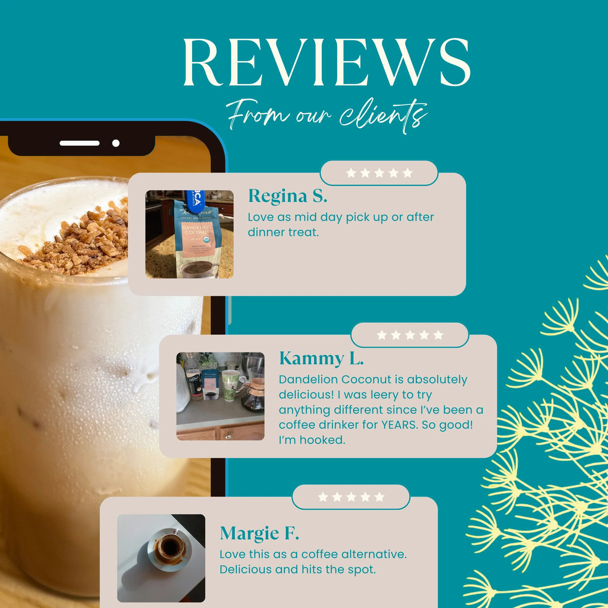 Teecino prebiotic dandelion herbal coffee alternative bag shown with customer review bubbles