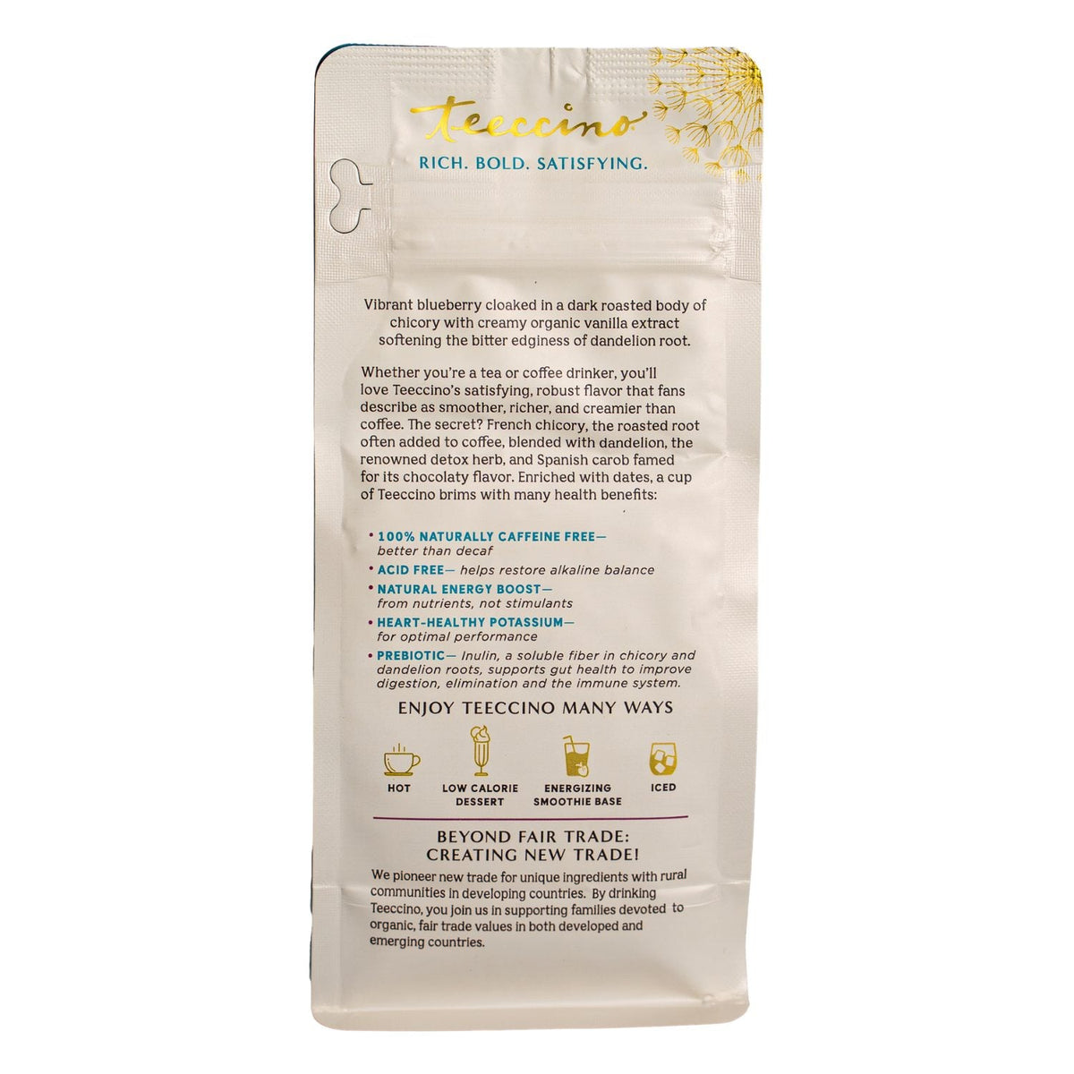 Cream-colored back panel of herbal coffee pouch with printed product details