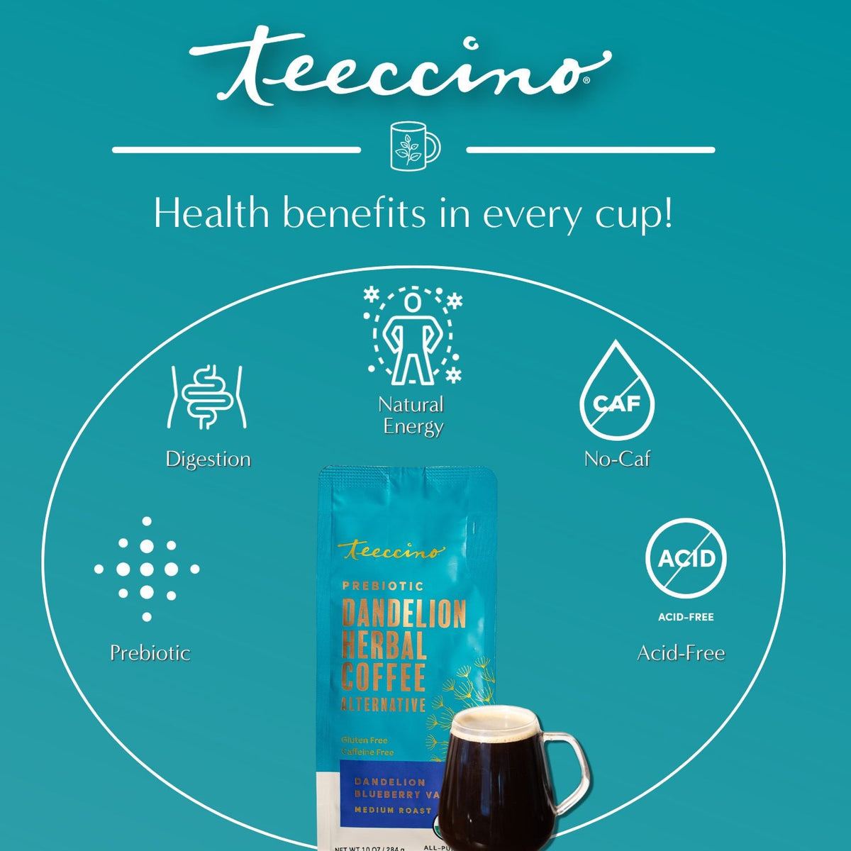 Turquoise prebiotic dandelion herbal coffee bag with health benefit icons