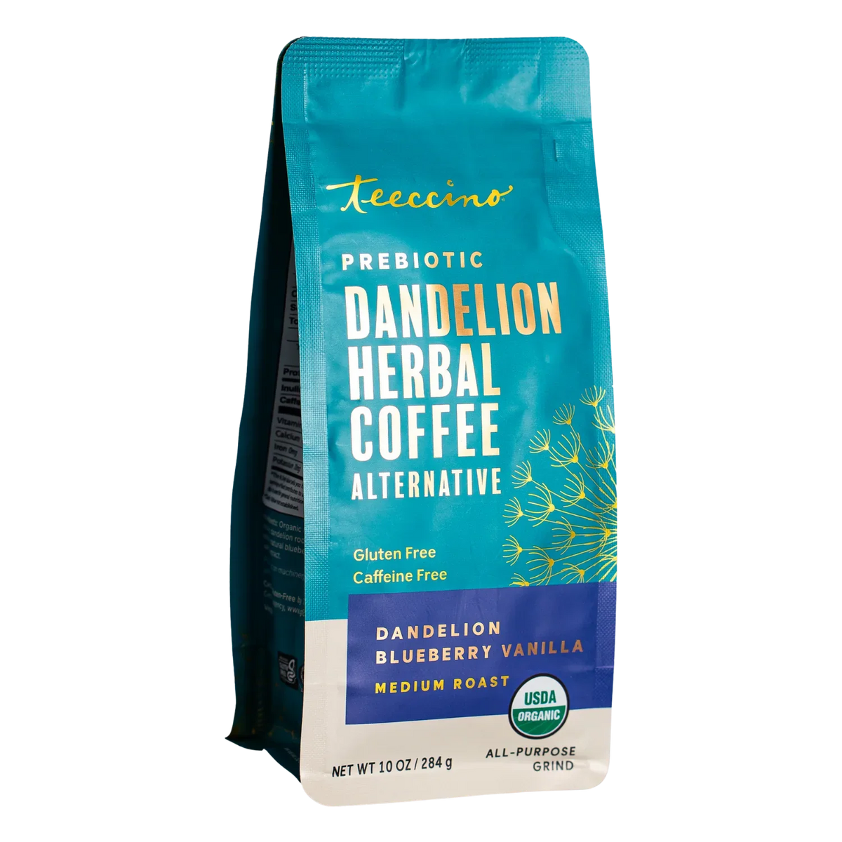 Turquoise dandelion herbal coffee bag, prebiotic alternative, front view