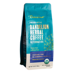 Turquoise dandelion herbal coffee bag, prebiotic alternative, front view
