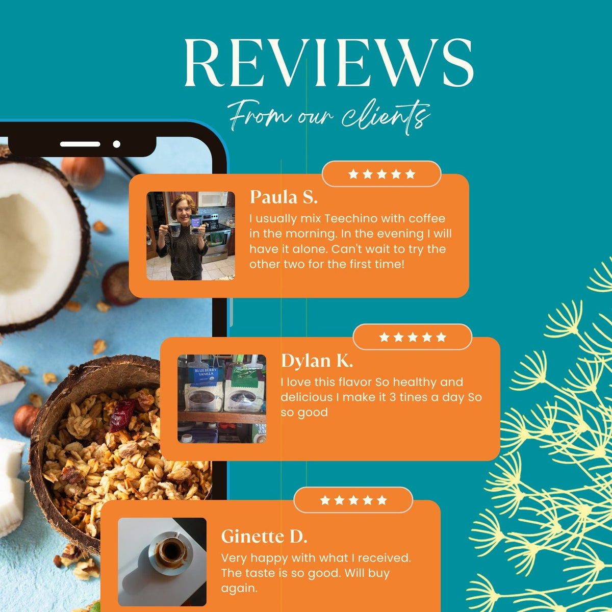 Turquoise herbal coffee bag with orange customer review cards