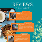 Turquoise herbal coffee bag with orange customer review cards