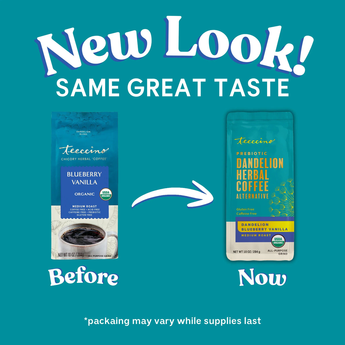 Teecino blueberry vanilla dandelion herbal coffee alternative package comparison Before and Now