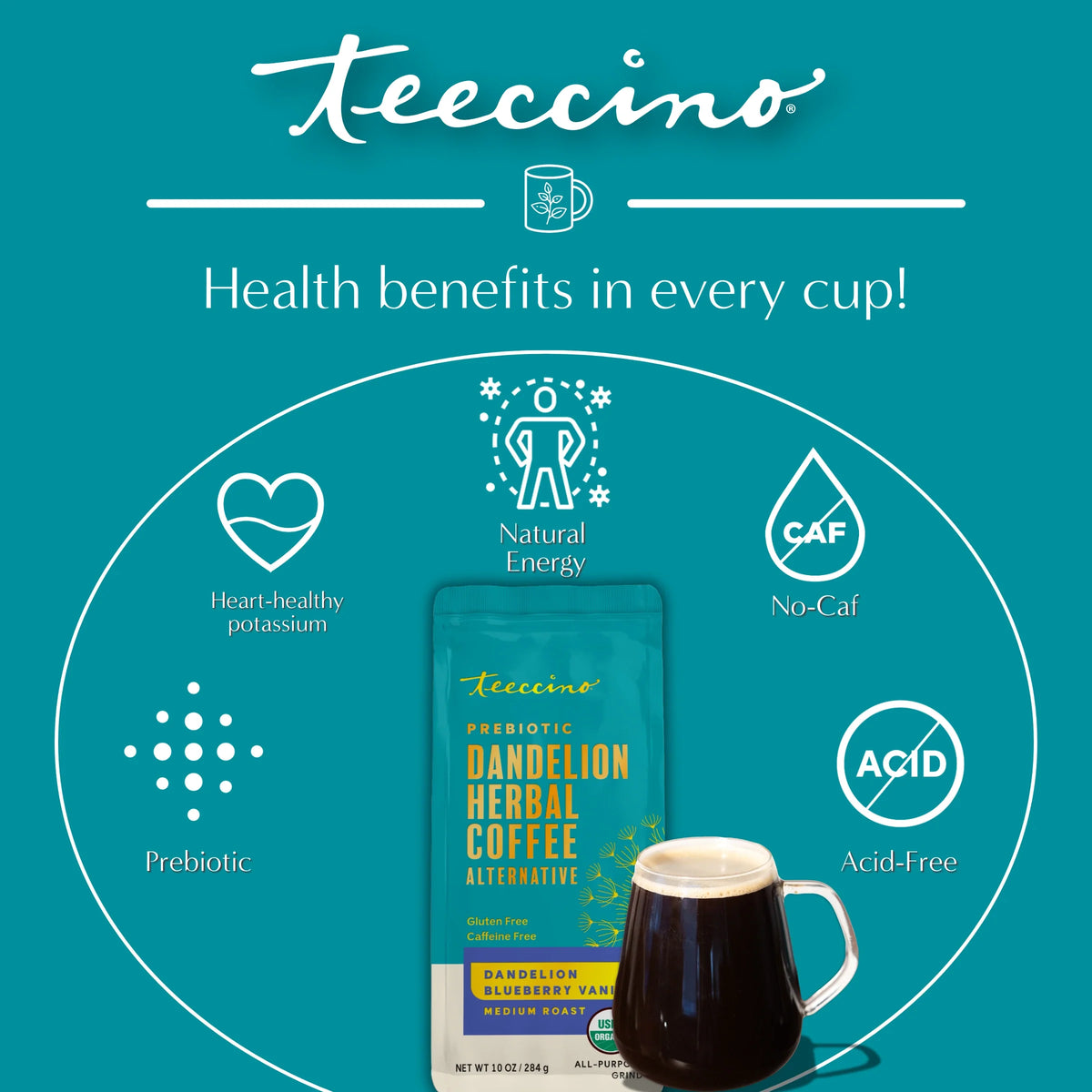 Teecino dandelion herbal coffee alternative package with cup and health benefits icons