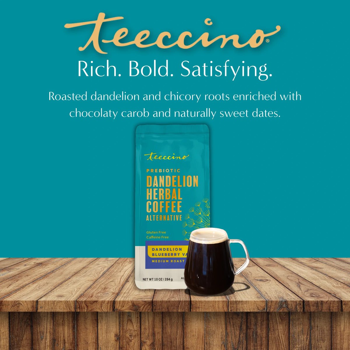 Teecino dandelion herbal coffee alternative pouch with mug on wooden tabletop