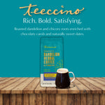 Teecino dandelion herbal coffee alternative pouch with mug on wooden tabletop