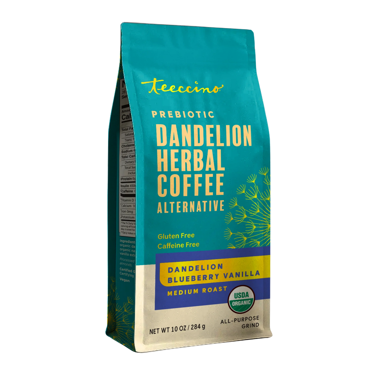 Teecino prebiotic dandelion herbal coffee alternative pouch, blueberry vanilla flavor