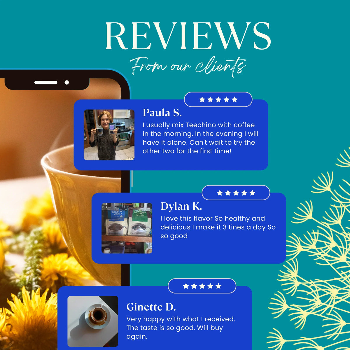 Turquoise herbal coffee bag with stacked customer review cards