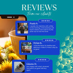Turquoise herbal coffee bag with stacked customer review cards
