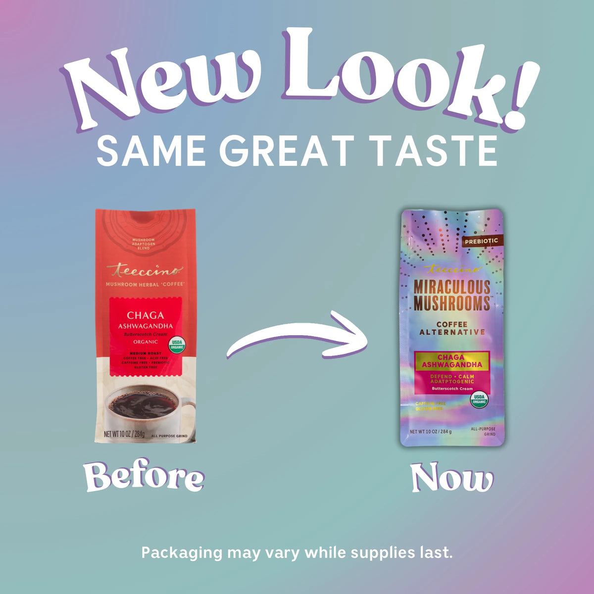 Two herbal coffee packets shown as before and now, red and purple designs
