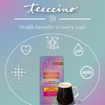 Herbal coffee infographic with mug and chaga ashwagandha packet, benefit icons