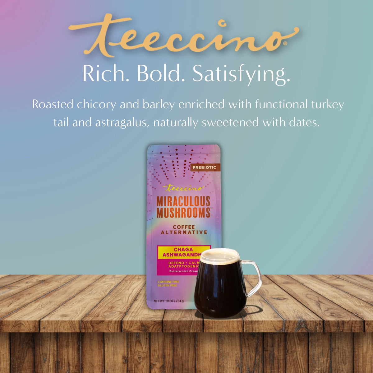 Herbal coffee packet with mug on wooden tabletop, purple chaga ashwagandha label