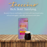 Herbal coffee packet with mug on wooden tabletop, purple chaga ashwagandha label