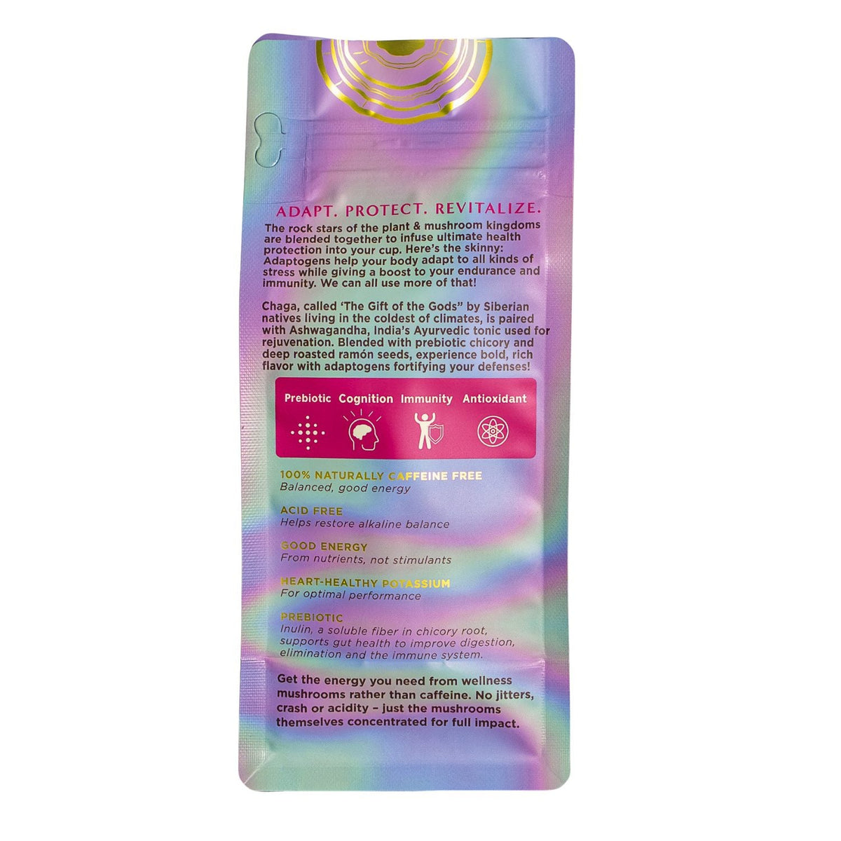 Back panel of mushroom herbal coffee alternative pouch with supplement and benefit icons