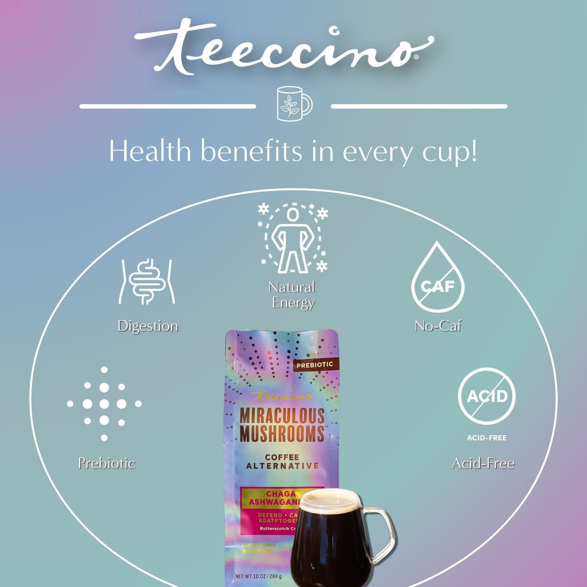 Miraculous Mushrooms herbal coffee alternative pouch centered inside health benefits graphic