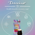 Miraculous Mushrooms herbal coffee alternative pouch centered inside health benefits graphic