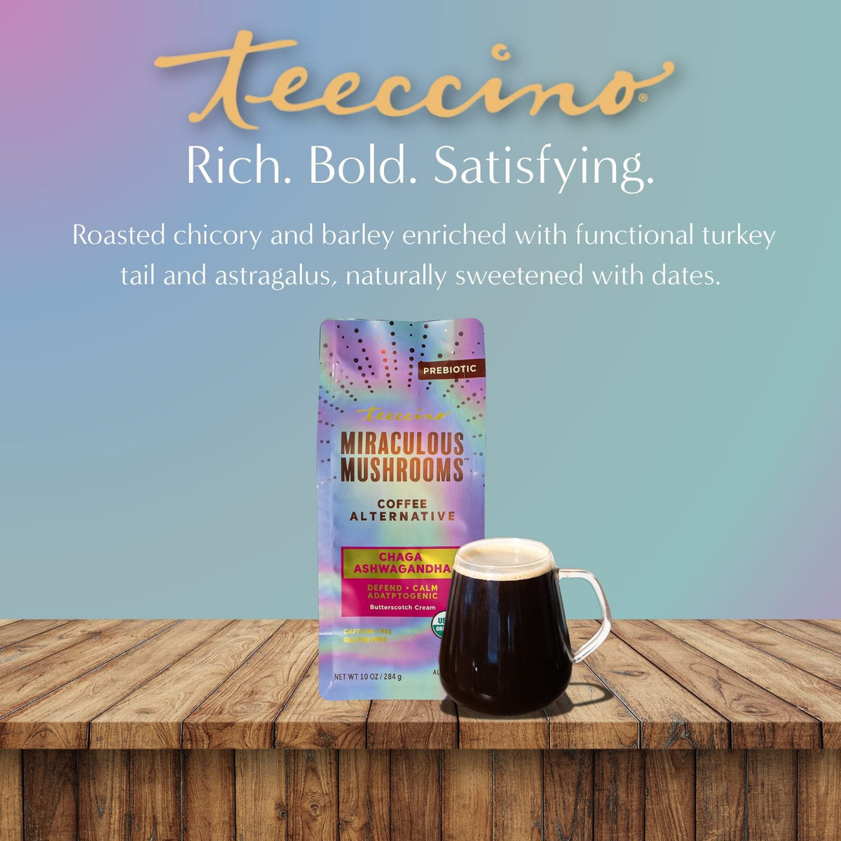 Miraculous Mushrooms herbal coffee alternative pouch on wood surface with mug and label visible