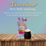 Miraculous Mushrooms herbal coffee alternative pouch on wood surface with mug and label visible