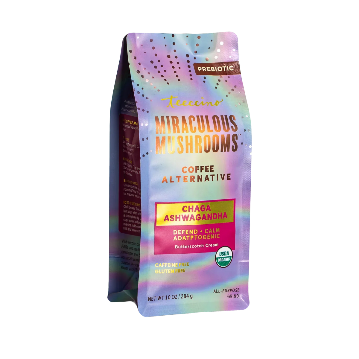 Chaga ashwagandha herbal coffee alternative pouch, iridescent purple-pink prebiotic blend