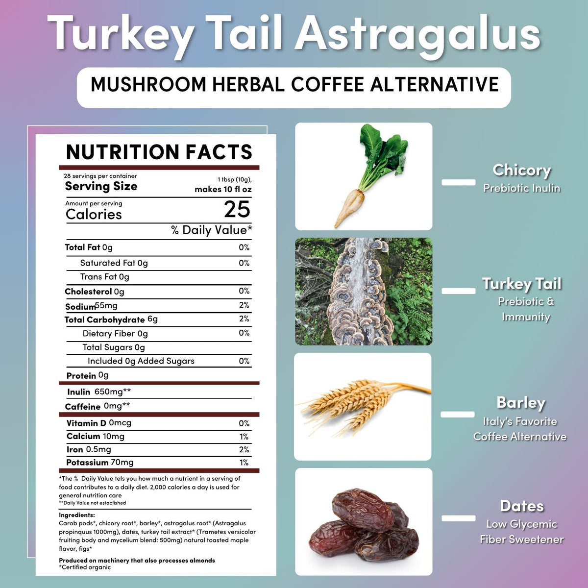 Nutrition facts panel for mushroom herbal coffee alternative with supplement ingredient icons