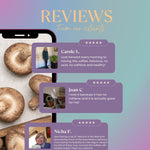 Chaga ashwagandha herbal coffee alternative pouch shown among on-screen customer reviews
