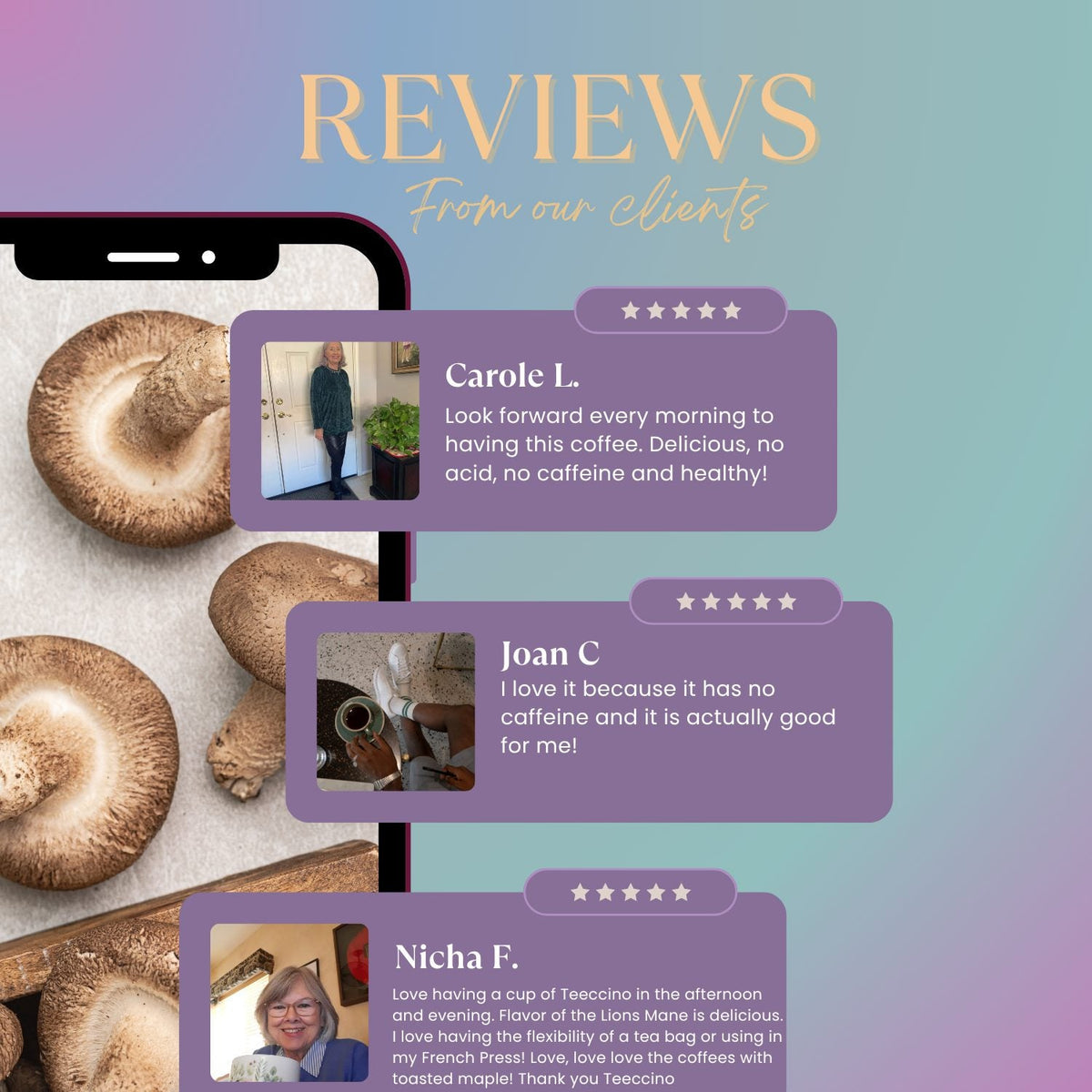 Chaga ashwagandha herbal coffee alternative pouch shown among on-screen customer reviews