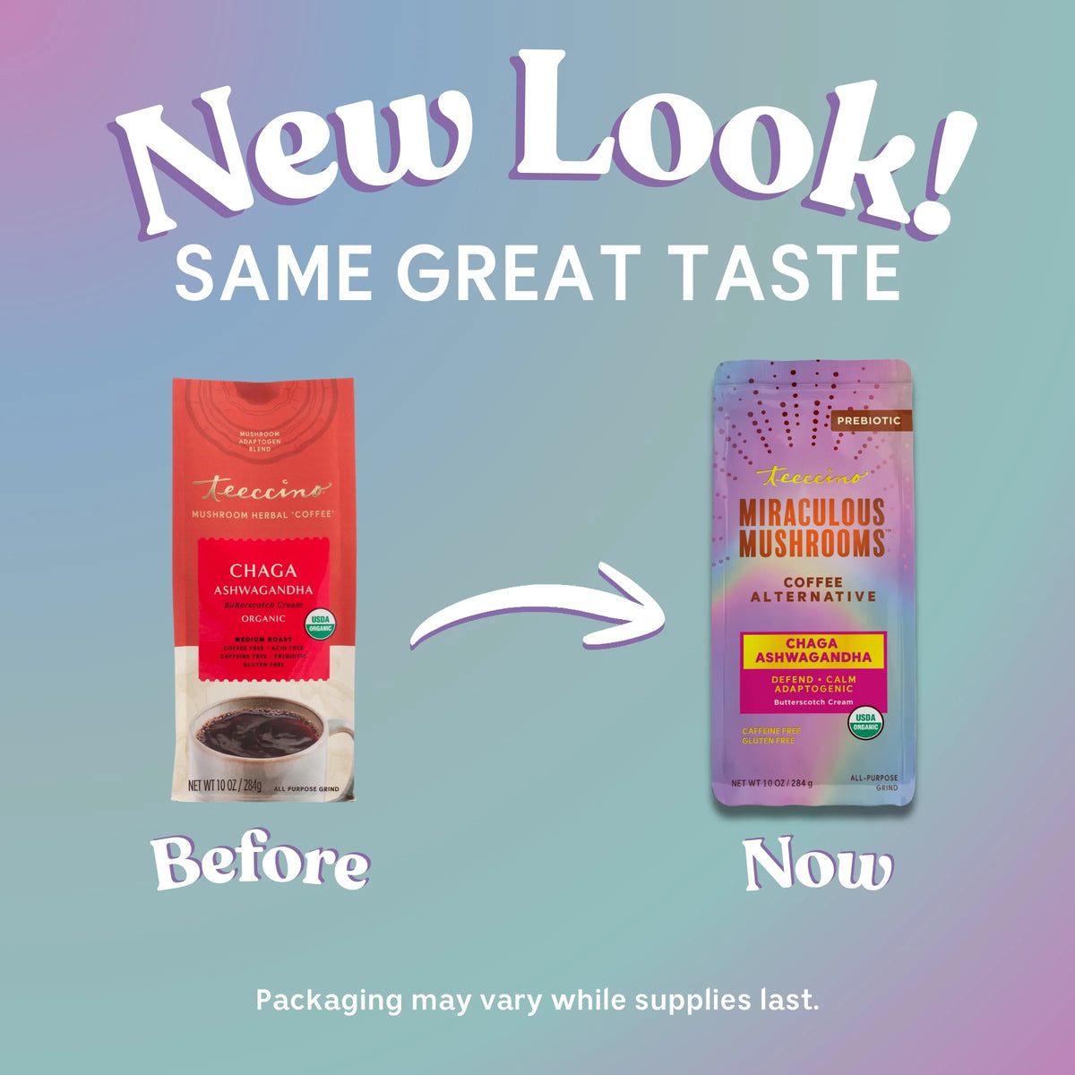 Before-and-now comparison of herbal coffee packets, red and purple designs