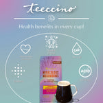 Herbal coffee benefits infographic with mug and chaga ashwagandha packet