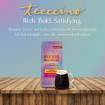 Chaga ashwagandha butterscotch cream mushroom herbal coffee pouch with cup beside it