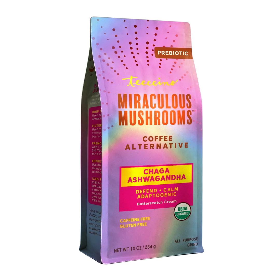 Miraculous Mushrooms herbal coffee alternative pouch, iridescent purple-pink prebiotic blend