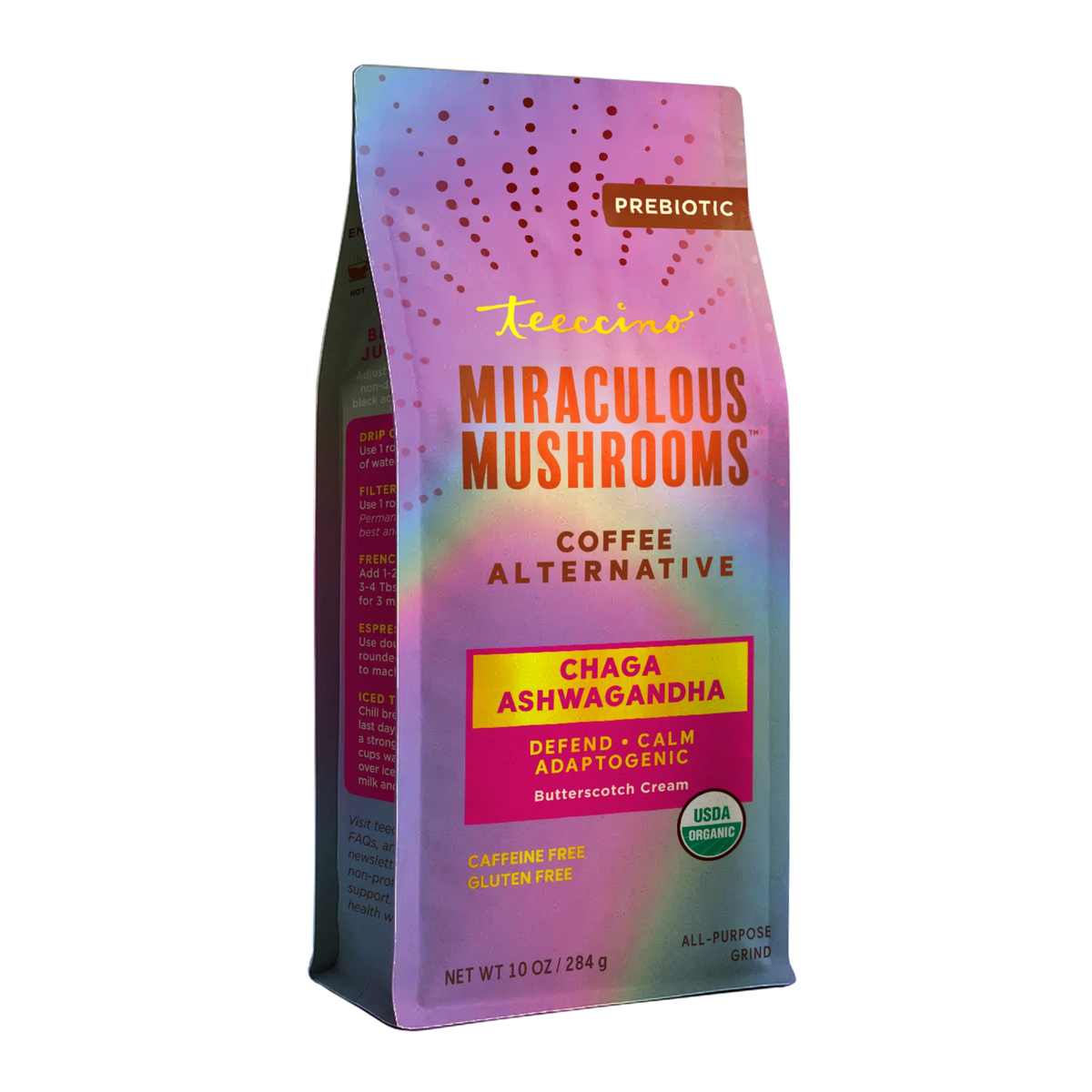 Chaga ashwagandha mushroom herbal coffee alternative pouch, caffeine-free