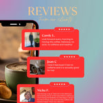 Miraculous Mushrooms herbal coffee alternative pouch shown among on-screen customer reviews