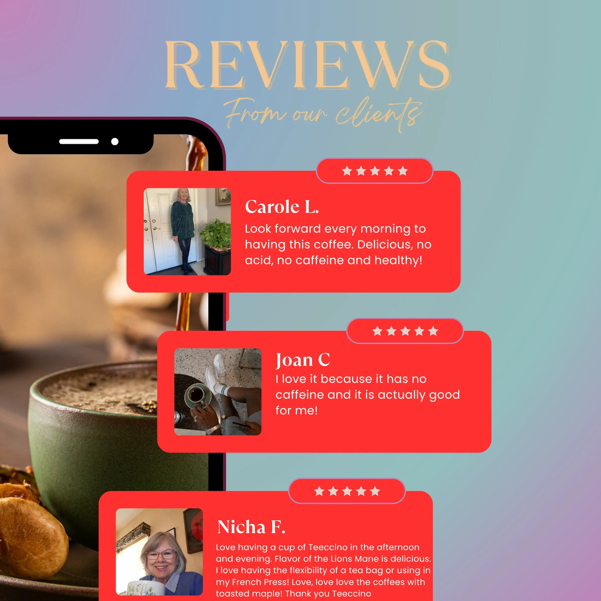Miraculous Mushrooms herbal coffee alternative pouch shown among on-screen customer reviews