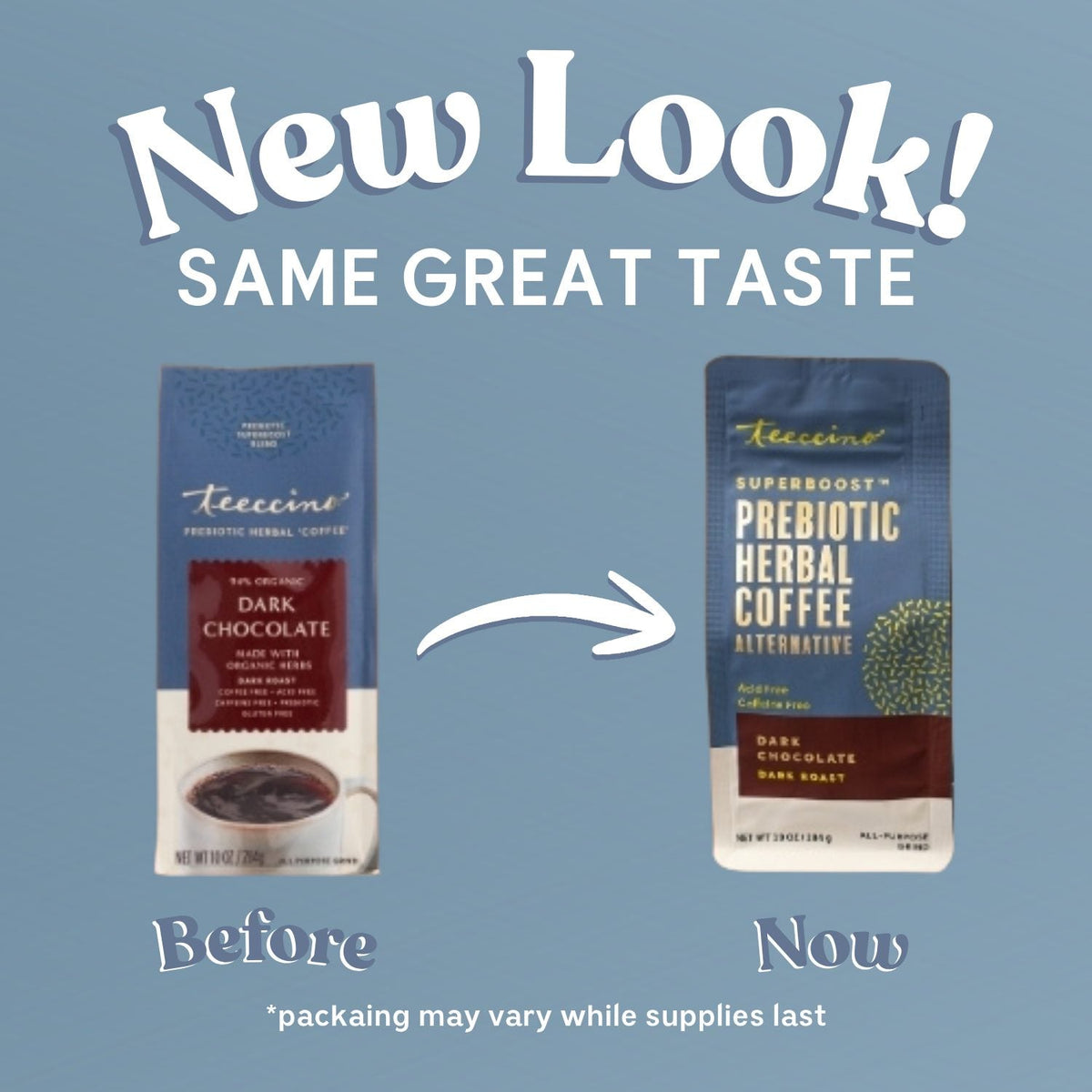 Dark chocolate prebiotic herbal coffee bags shown side-by-side: before vs now