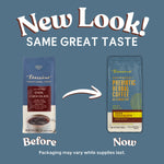 Before vs now packaging showing dark chocolate prebiotic herbal coffee alternative bags