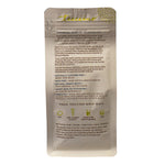 Back of dark chocolate prebiotic herbal coffee bag with usage and info text