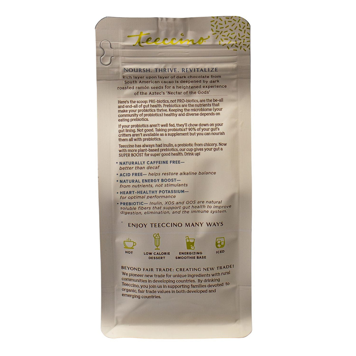 Back of dark chocolate prebiotic herbal coffee bag with usage and info text