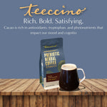Prebiotic herbal coffee bag with mug of dark beverage on wooden surface