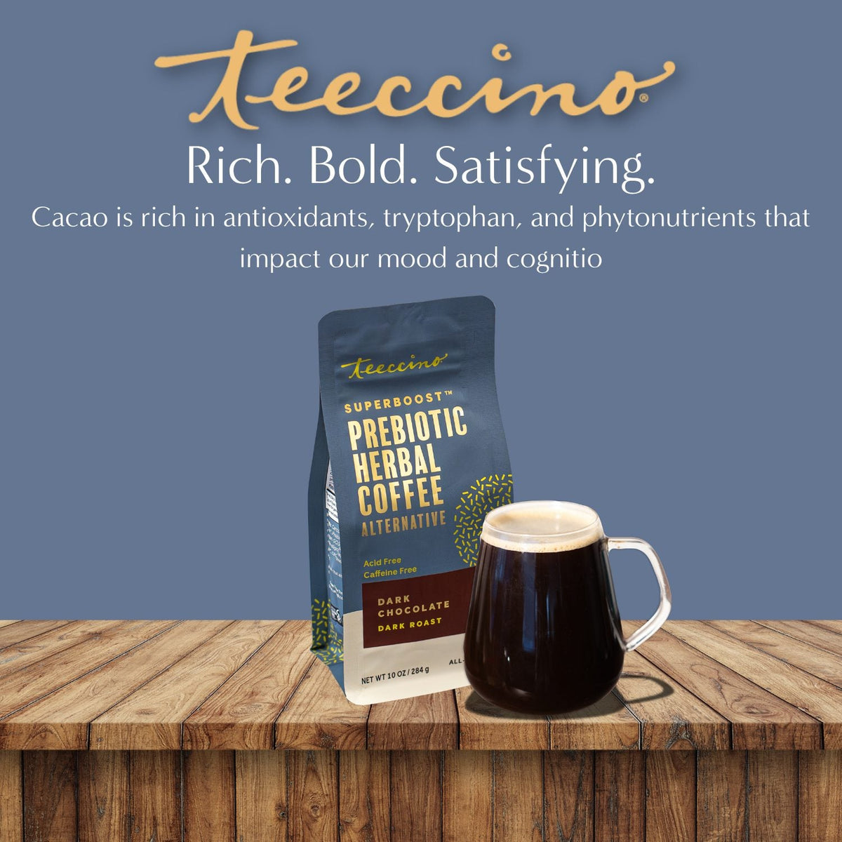 Prebiotic herbal coffee bag with mug of dark beverage on wooden surface