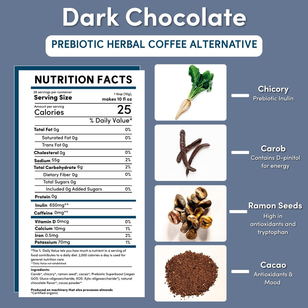 Nutrition facts and ingredient icons for dark chocolate prebiotic herbal coffee alternative