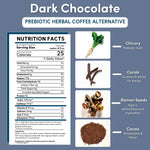 Nutrition facts and ingredient icons for dark chocolate prebiotic herbal coffee alternative
