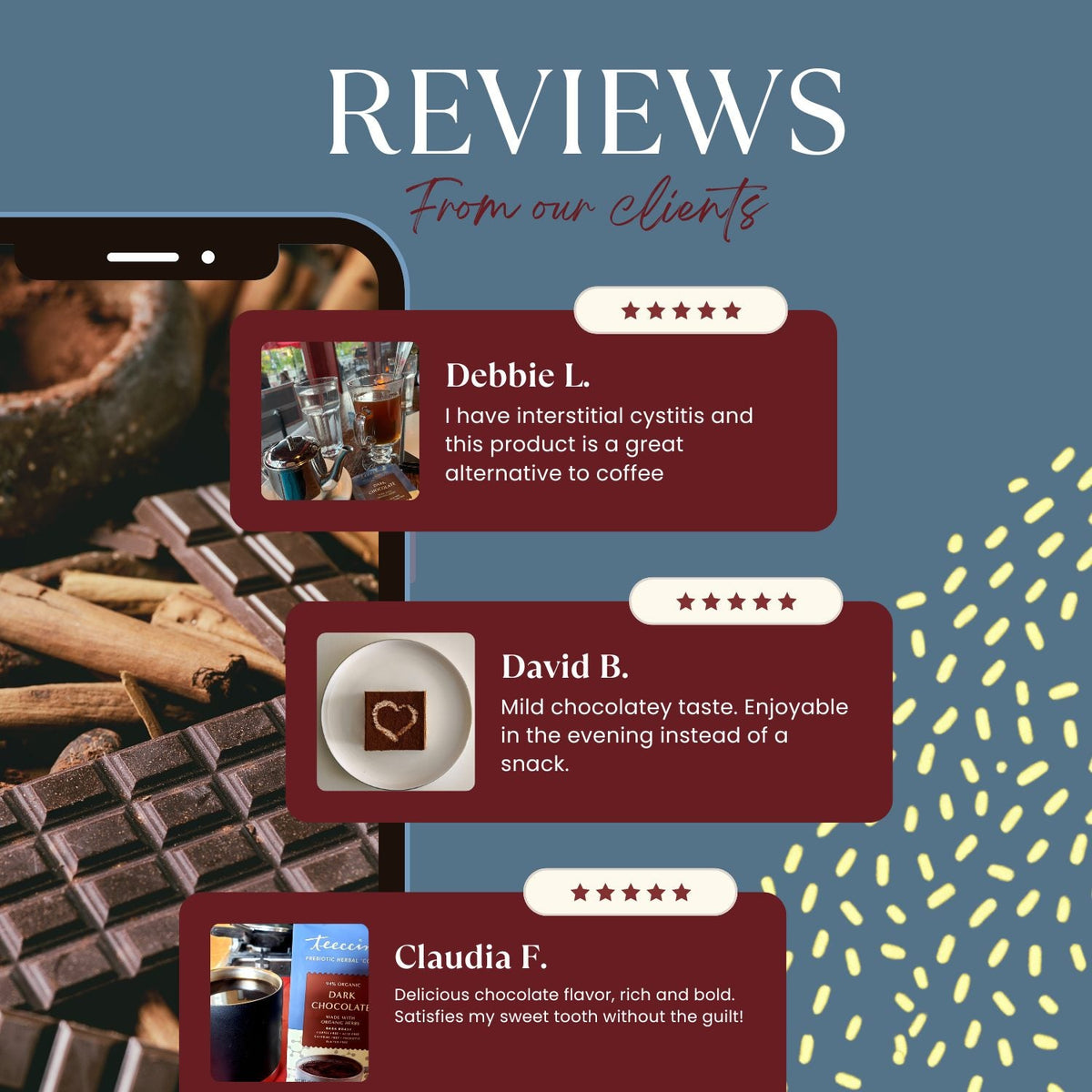 Dark chocolate prebiotic herbal coffee pack with review callouts