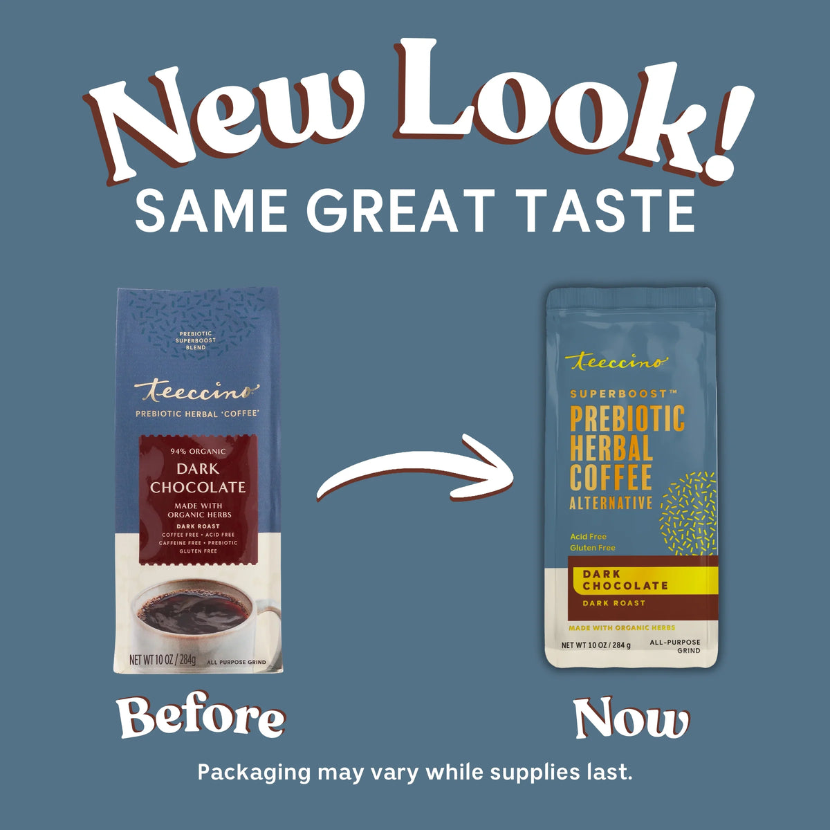 Before/Now comparison for dark chocolate prebiotic herbal coffee alternative with two bags