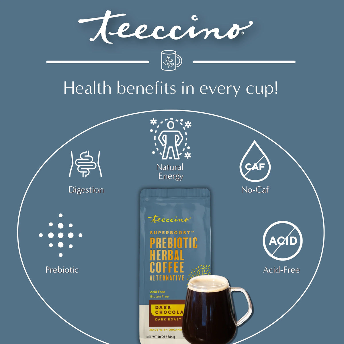 Prebiotic herbal coffee alternative bag with health benefits infographic and cup icon