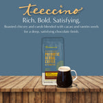Prebiotic herbal coffee alternative bag with dark chocolate label and serving cup