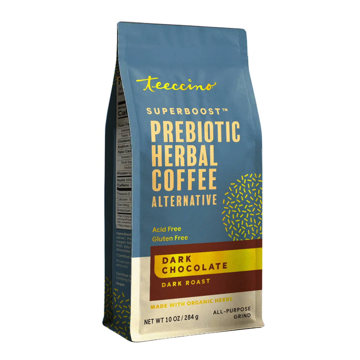 Dark chocolate prebiotic herbal coffee bag, dark roast, caffeine-free, acid-free