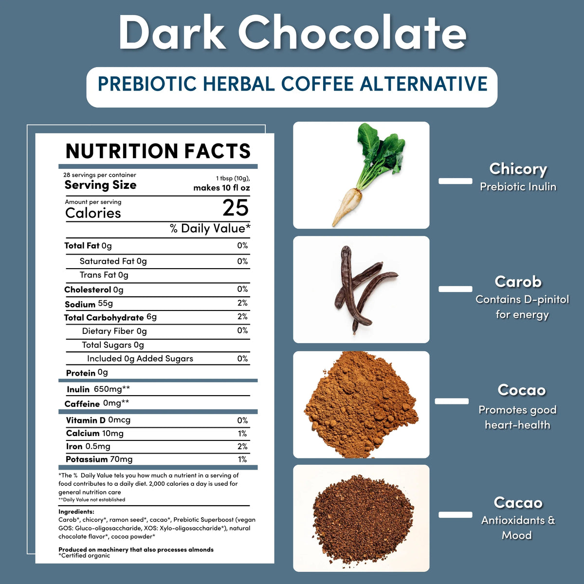 Dark chocolate prebiotic herbal coffee alternative nutrition facts and ingredient icons