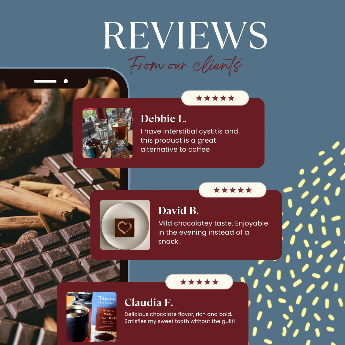 Dark chocolate prebiotic herbal coffee pack with customer review cards