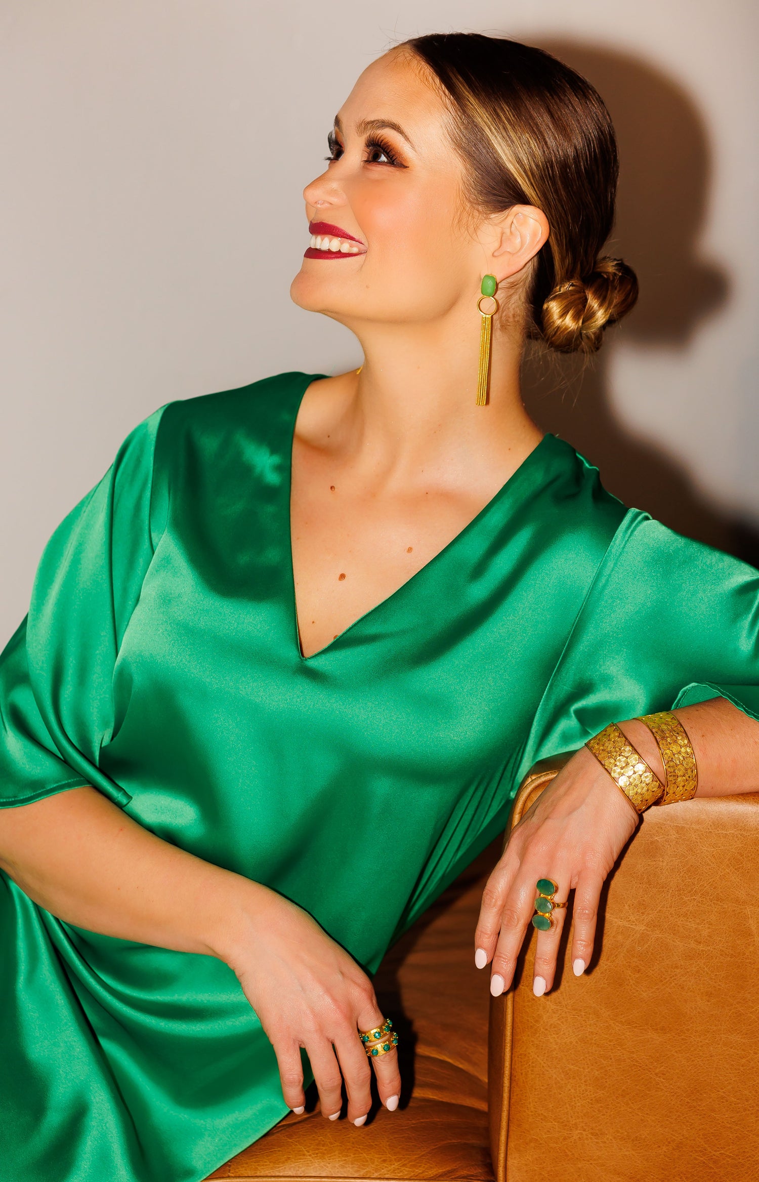 Green chalcedony tassel drop earrings, long gold chain with hoop